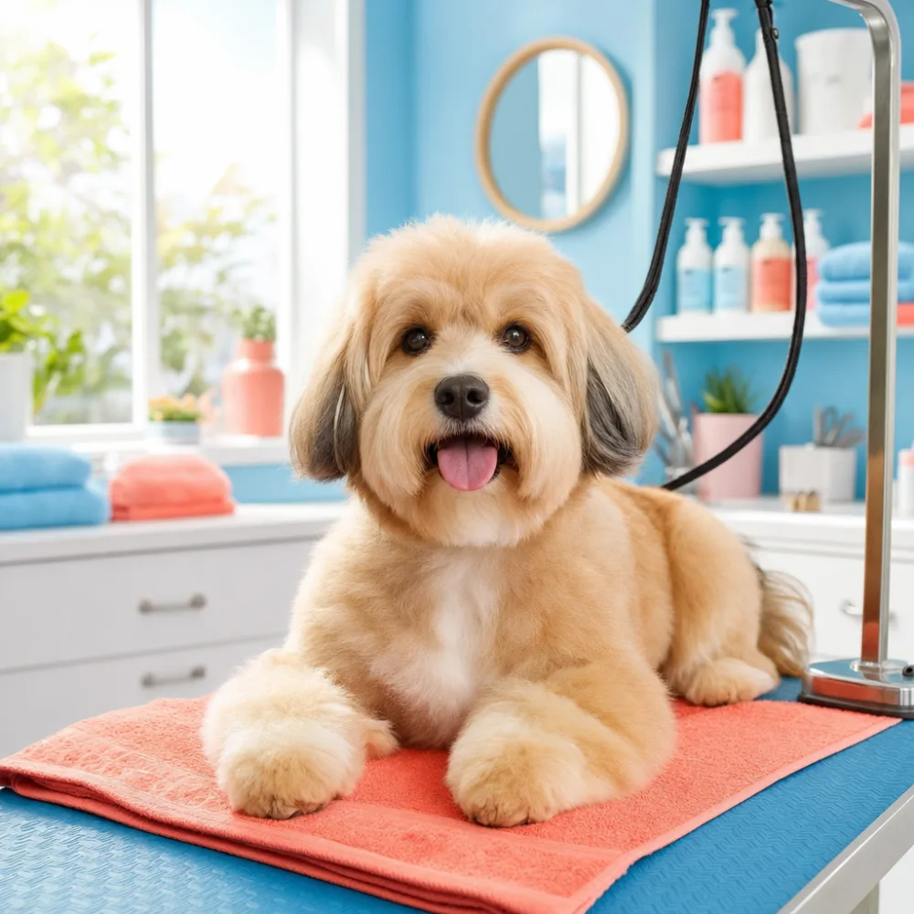 The same dog freshly groomed, fluffy and bright-eyed, after a full groom