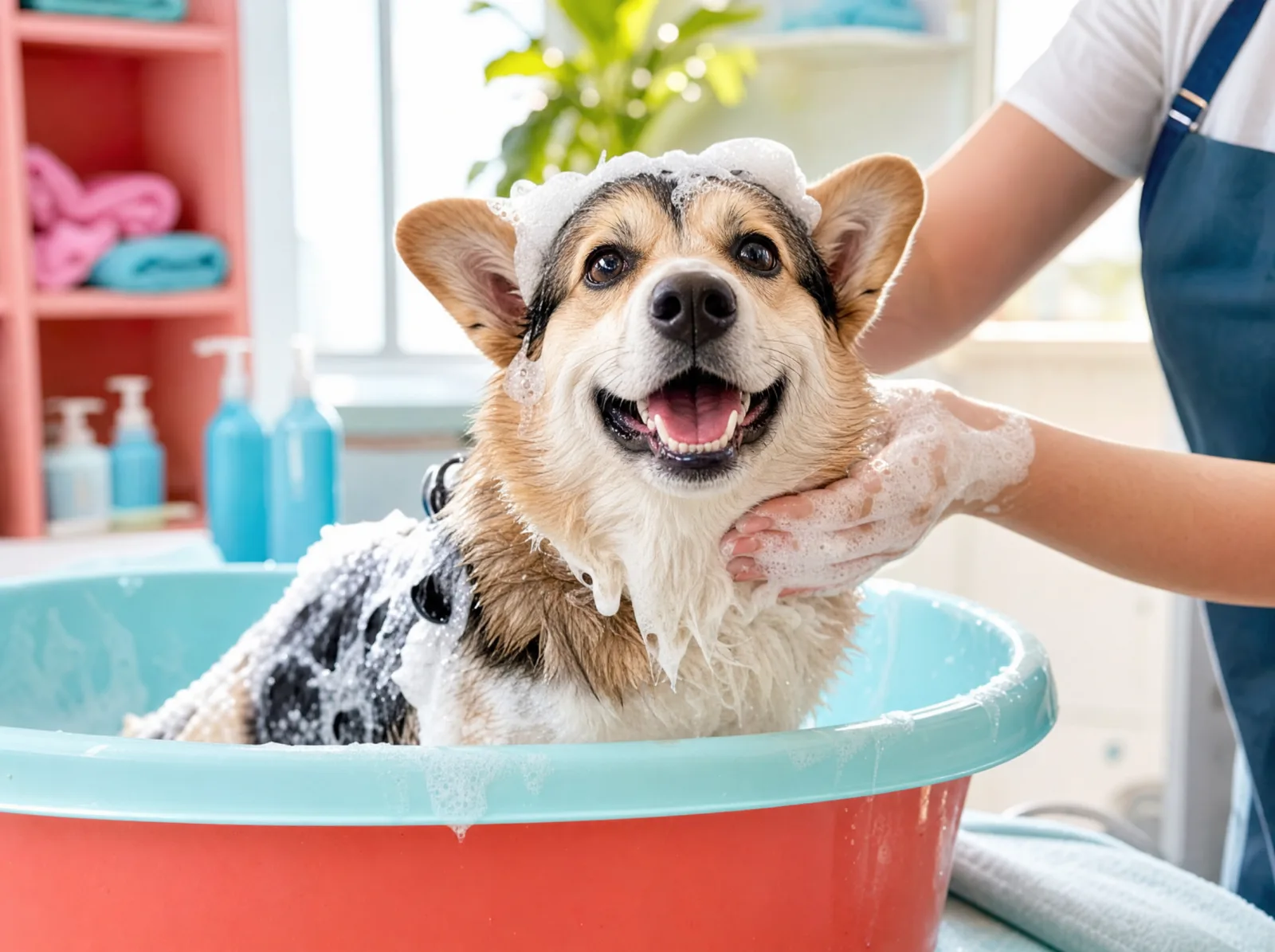 A happy dog mid-bath, covered in suds and colorful towels nearby