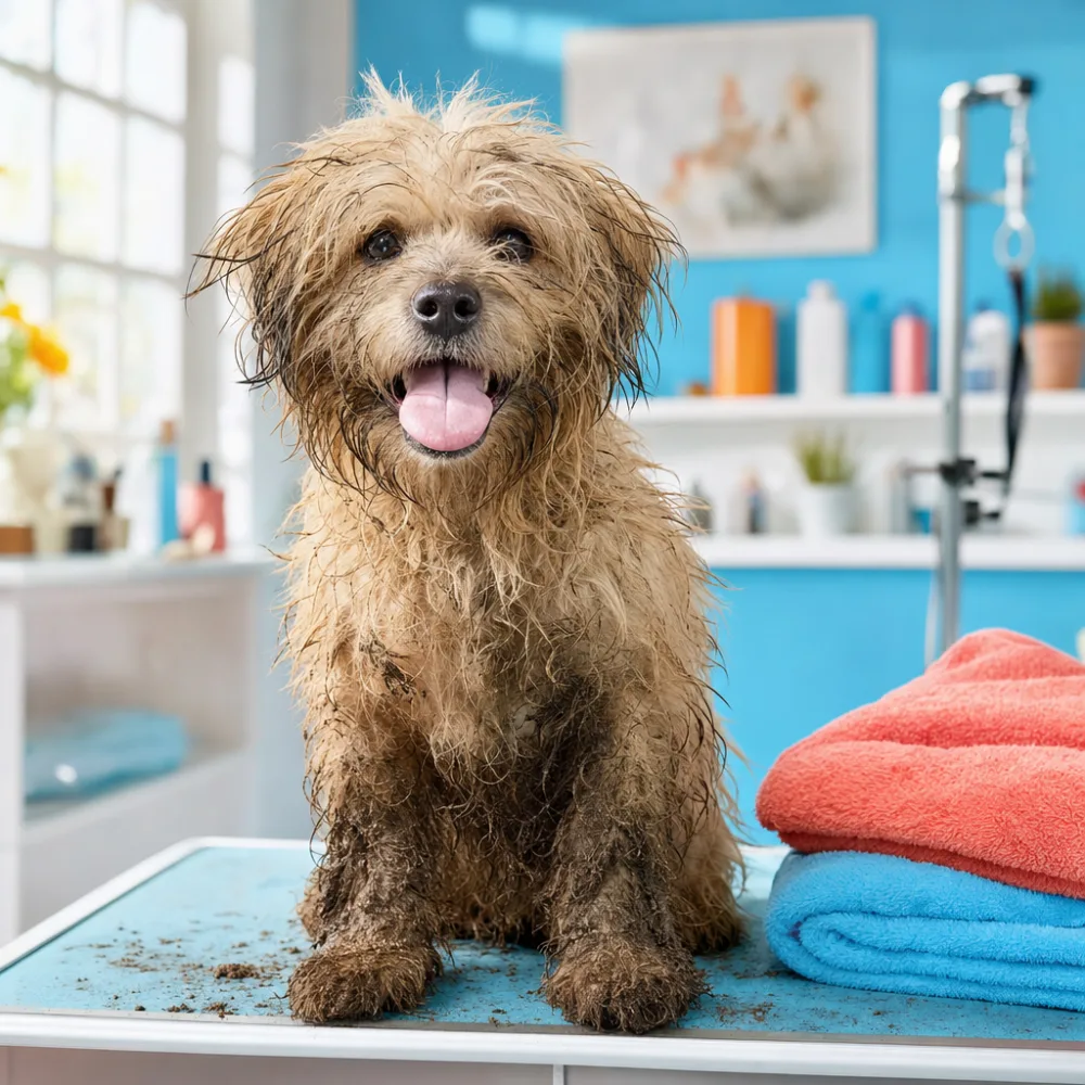 A shaggy, overgrown-coated dog before grooming at The Tidy Hound Grooming Co.