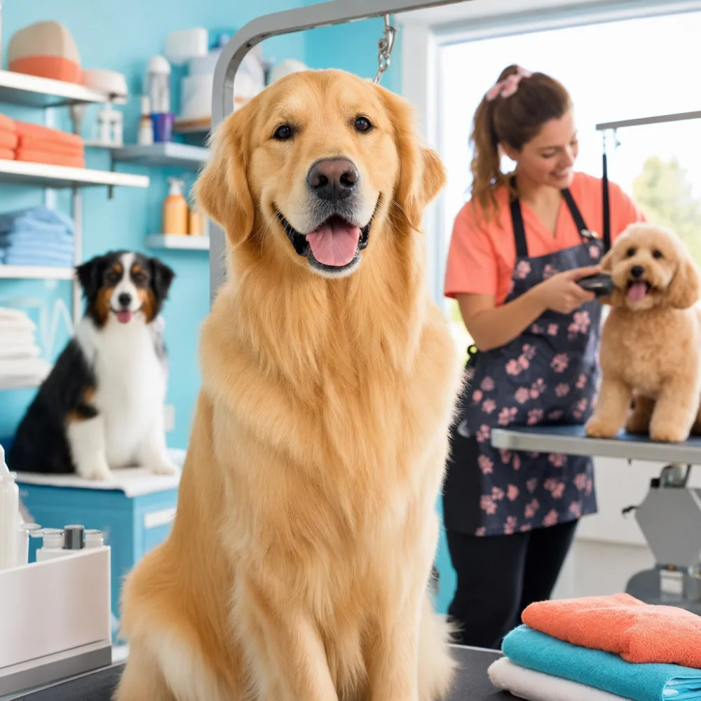 A large dog looking clean and cheerful mid-groom at The Tidy Hound Grooming Co.
