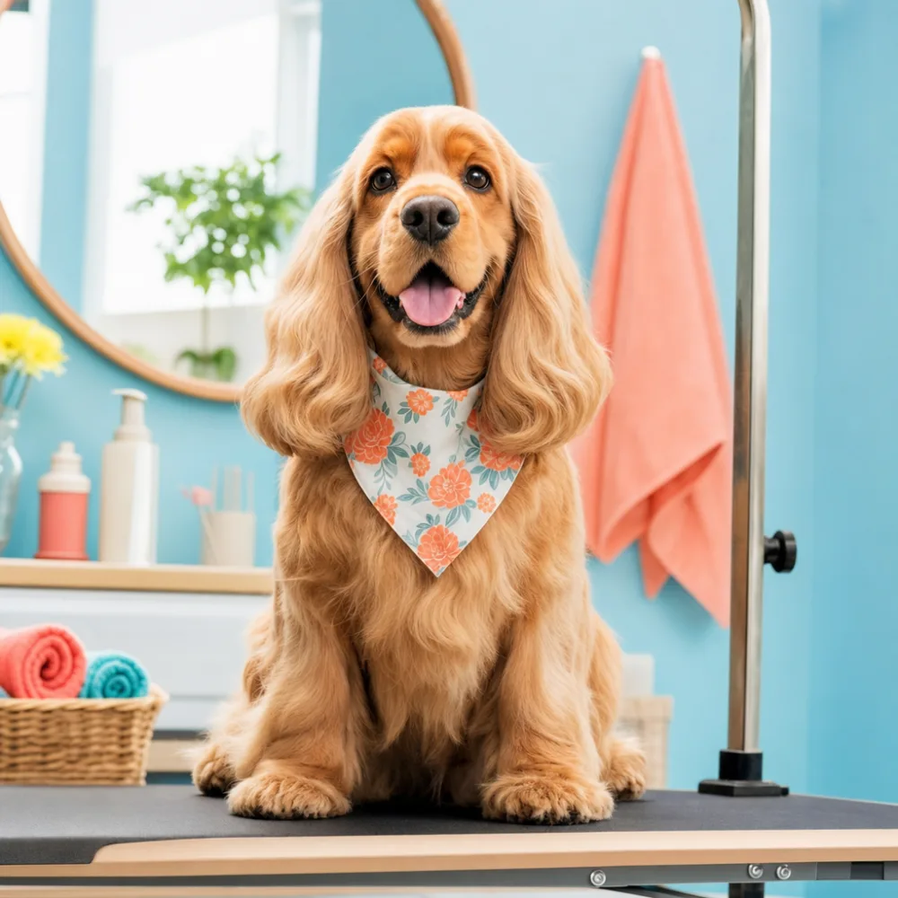 A happy medium-sized dog after a full groom at The Tidy Hound Grooming Co.