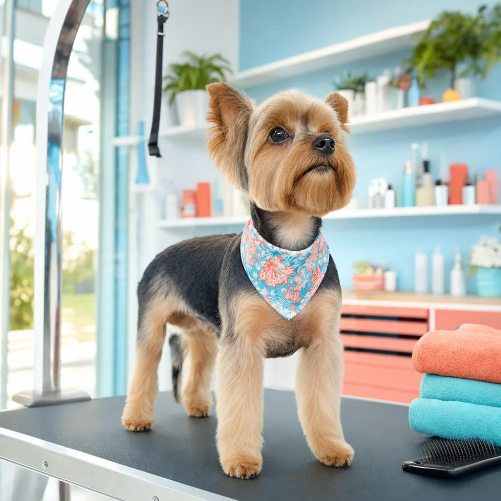 A freshly groomed small dog at The Tidy Hound Grooming Co.
